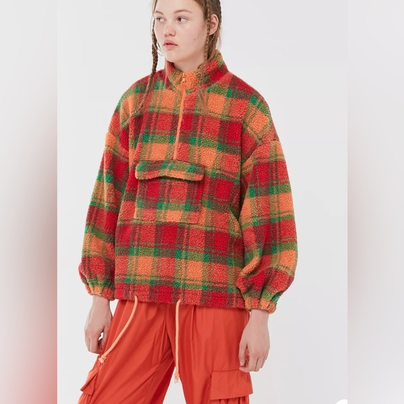 J.O.A. Jackets & Blazers - Urban outfitters J.O.A Plaid Polar Fleece 1/2 zip Jacket Oranges Shepra size XS